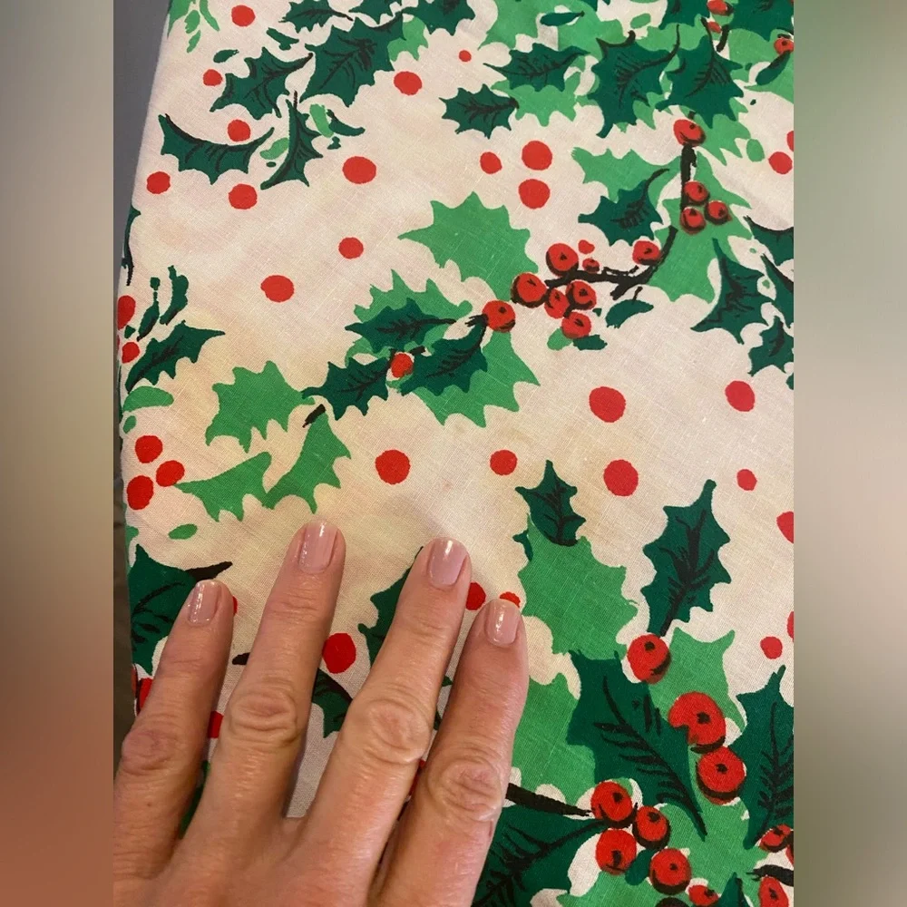 Festive Holly Tablecloth 62” Round with Red Trim